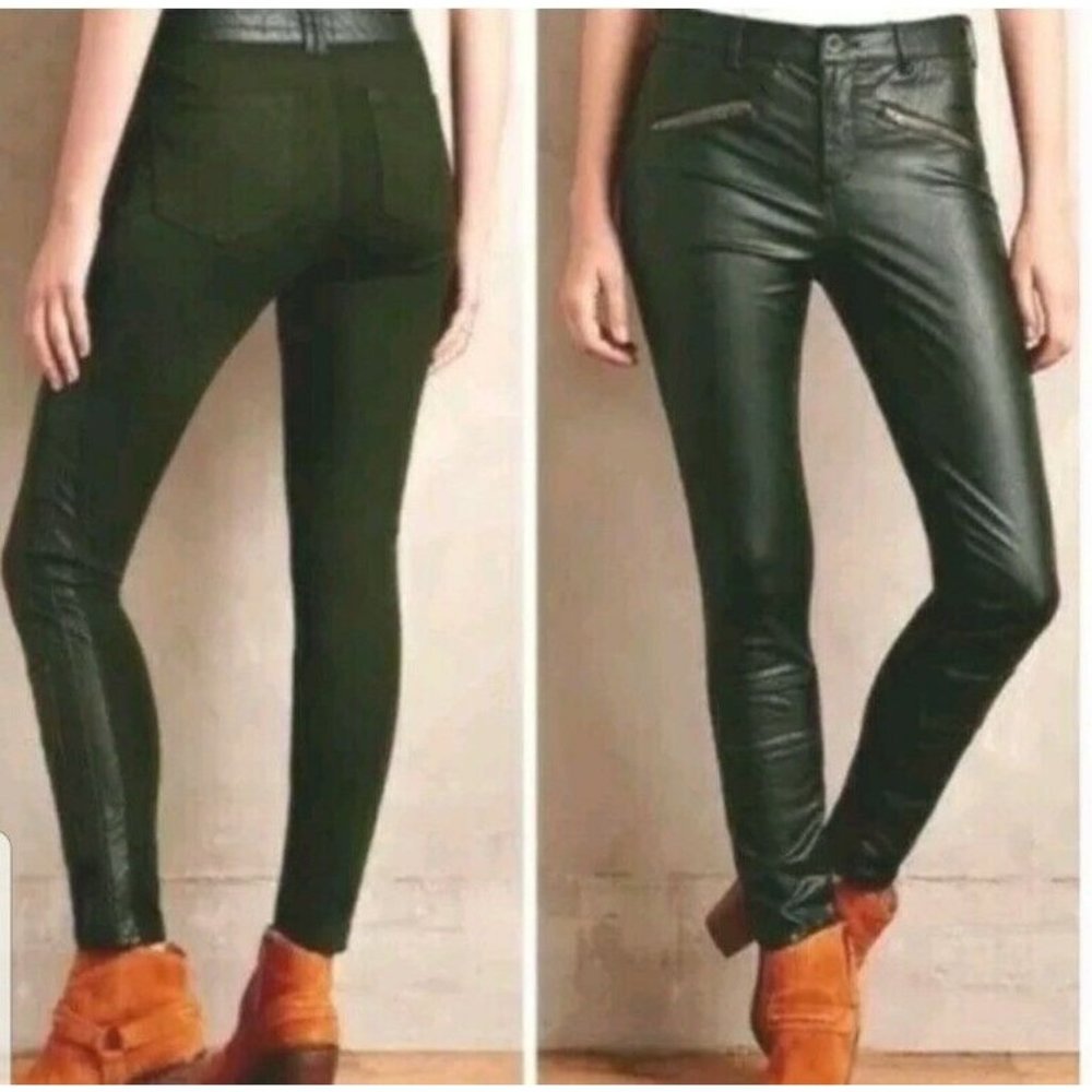 Anthropologie Pilcro and the Letterpress Dark Green Vegan Leather Moto Pants 27